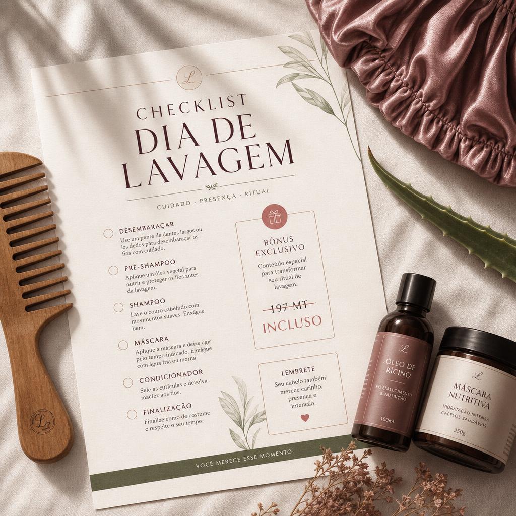 Checklist do dia de lavagem sobre toalha creme com produtos capilares