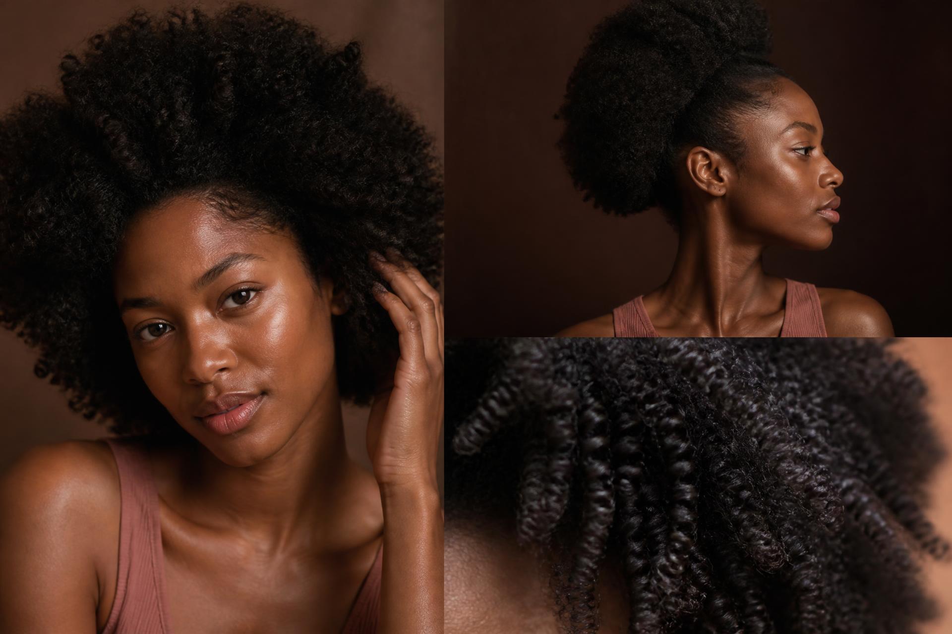 Composição editorial de mulheres negras com cabelo crespo e cacheado saudável