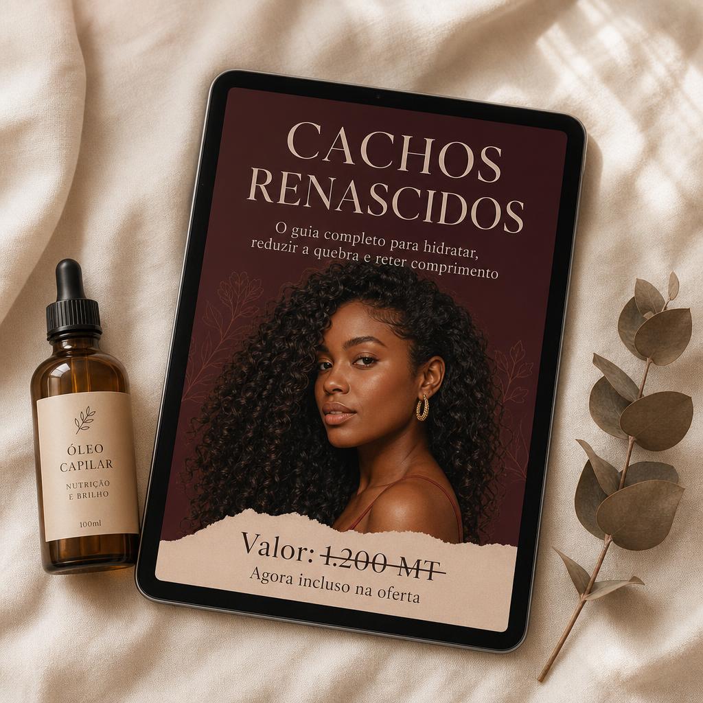 E-book Cachos Renascidos apresentado num tablet sobre linho cru