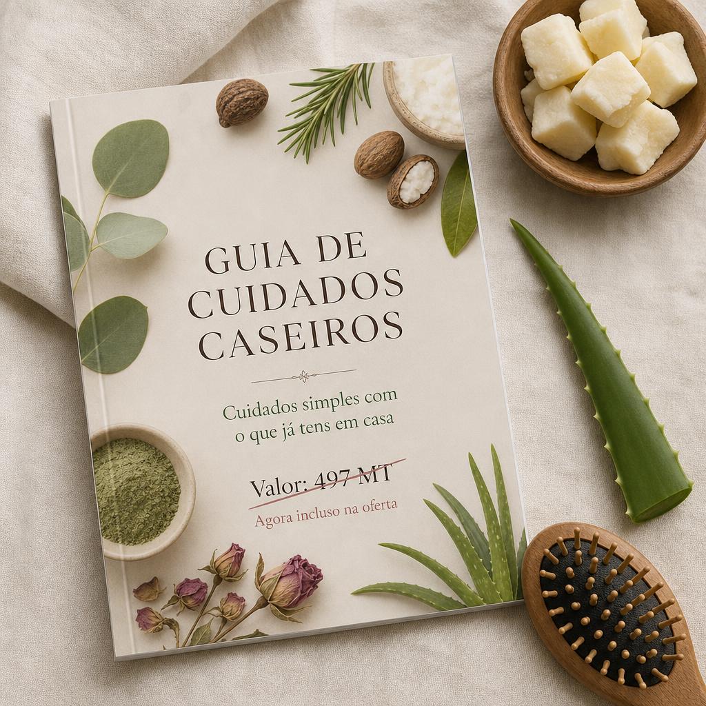 Guia de cuidados caseiros com manteiga natural, aloé e pente de madeira
