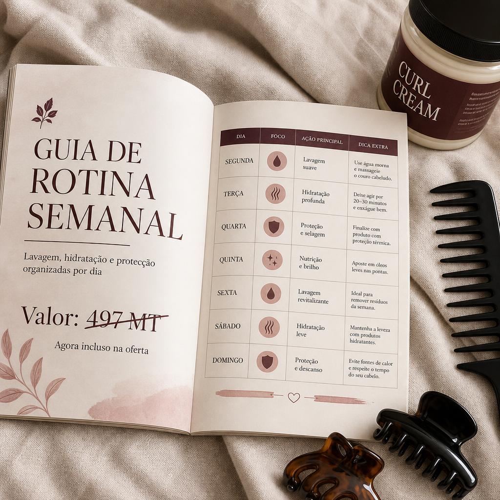 Guia de rotina semanal aberto ao lado de produtos capilares